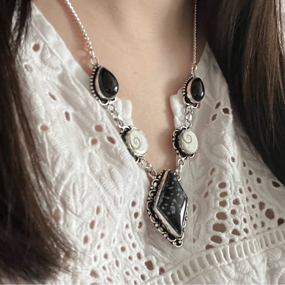 Black Onyx Snowflake Obsidian Shiva Eye Shell Necklace Antique Style Silver New - Picture 2 of 7